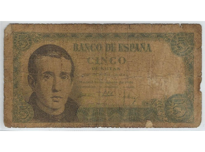 ESPAGNE 5 PESETAS 16 AOUT 1951 SERIE L B+