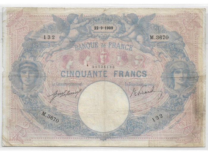 FRANCE 50 FRANCS BLEU ET ROSE SERIE M.3670 22-9-1909 TB