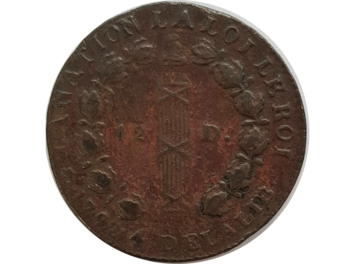 FRANCE 12 DENIERS FRANÇOIS 1792 an 4 D (Lyon) 11gr66 TB+