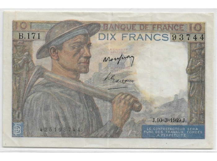 FRANCE 10 FRANCS MINEUR SERIE B.171 10-3-1949 SUP