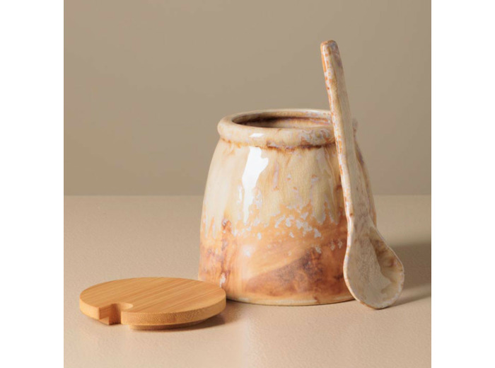 Pot à moutarde avec sa cuillère beige en céramique 10x11cm