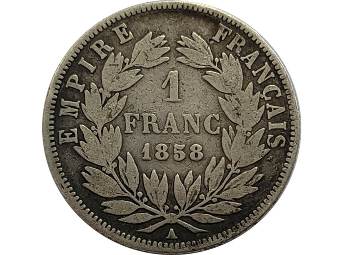 FRANCE 1 FRANC NAPOLEON III tête nue 1858 A (Paris) TB (G460)