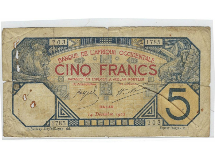 B.A.O. BANQUE DE L'AFRIQUE OCCIDENTALE (DAKAR) 5 FRANCS 14-12-1922 L1785 B+