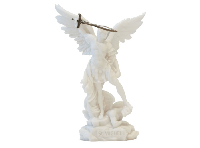St Michel - Statue en albâtre 24cm -Blanc