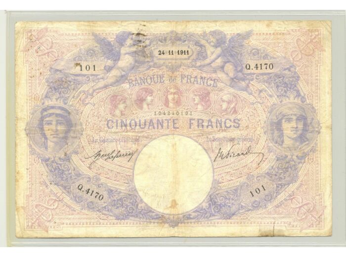 FRANCE 50 FRANCS BLEU ET ROSE 24-11-1911 SERIE Q.4170 TB
