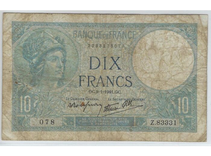 FRANCE 10 FRANCS MINERVE 9-1-1941 SERIE Z.83331 TB