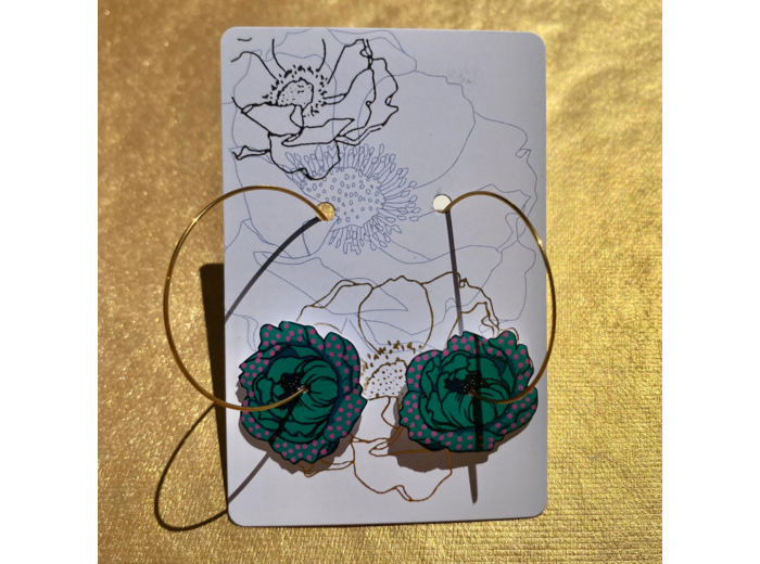 Boucles d'oreilles créoles pivoine coloris vert pois rose