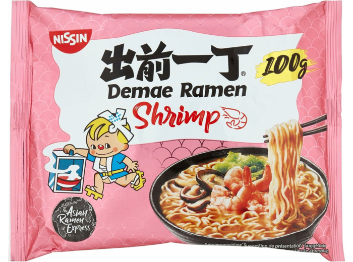 Nissin Demae Ramen - Shrimp, Paquet individuel, Nouilles instantanées à la japonaise, Au goût de crevettes/shrimp et aux épices asiatiques, Préparation rapide et facile, Repas Asiatique (1 x 100 g)