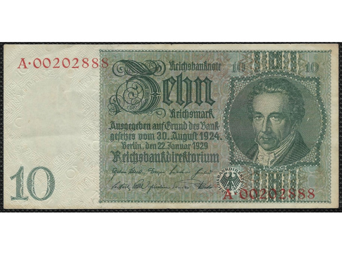 ALLEMAGNE 10 REICHSMARK 22-01-1929 SERIE A TTB+ (W180b)