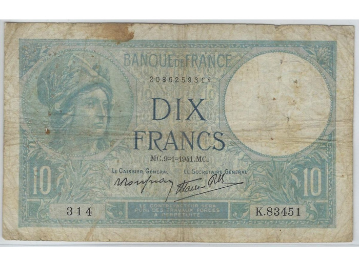 FRANCE 10 FRANCS MINERVE 9-1-1941 SERIE K.83451 TB