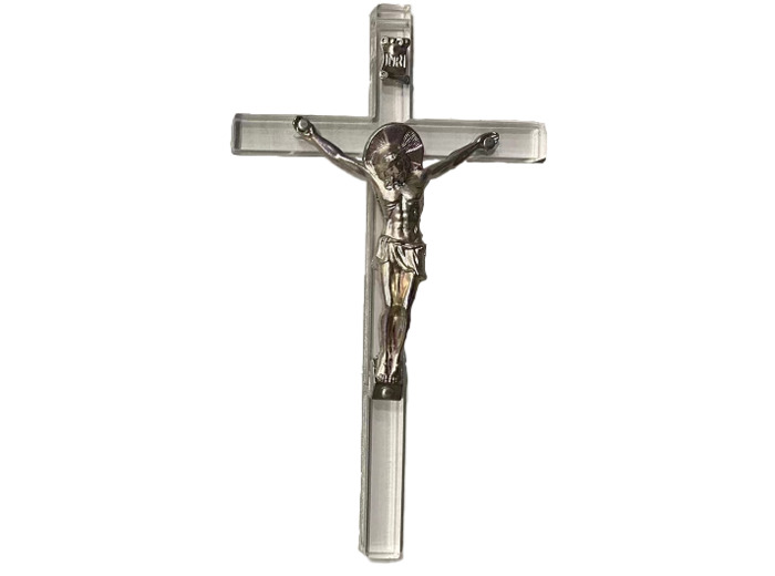 Crucifix en Acrylique et Christ en Métal Argenté 14,5x7cm