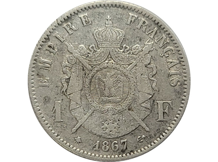 FRANCE 1 FRANC NAPOLEON III tête laurée 1867 A (Paris) TB+ (G463)