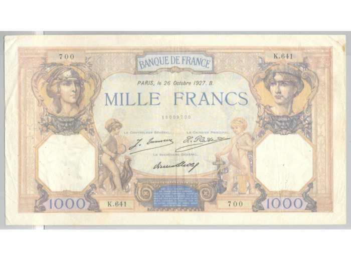 FRANCE 1000 FRANCS CERES ET MERCURE SERIE K.641 26 octobre 1927 TB+