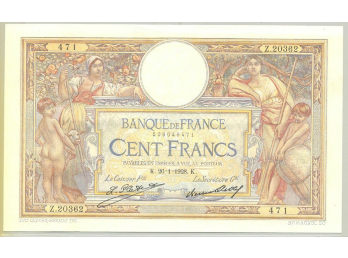 FRANCE 100 FRANCS MERSON SANS LOM SERIE Z.20362 26-1-1928 SPL