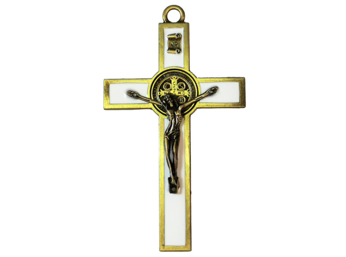 Croix Saint Benoît Dorée et Email Blanc 12,5cm