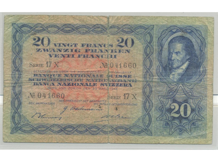 SUISSE 20 FRANCS 23-03-1944 SERIE 17X TB