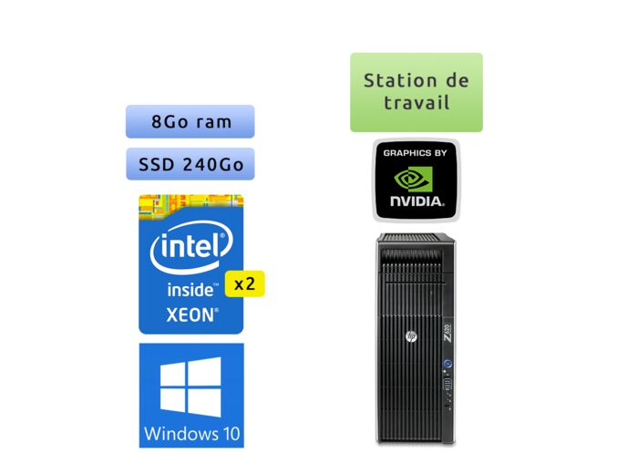 HP Workstation Z620 - Windows 10 - 2*E5-2609 v2 8Go 240Go SSD - NVS 510 - Ordinateur Tour Workstation