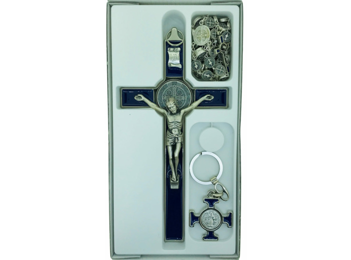 Coffret St Benoît 22,5x11,5cm croix+chapelet+PC - BLEU