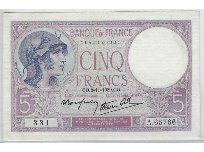 FRANCE 5 FRANCS VIOLET A.65766 02-11-1939 SUP