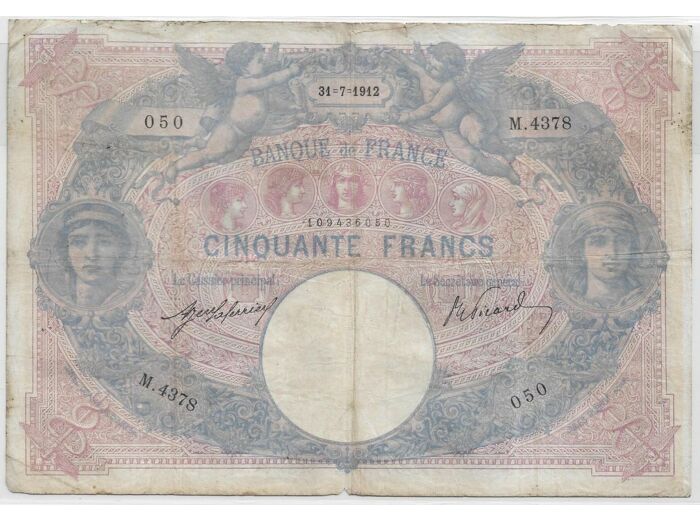 FRANCE 50 FRANCS BLEU ET ROSE SERIE M.4378 30-7-1912 TB