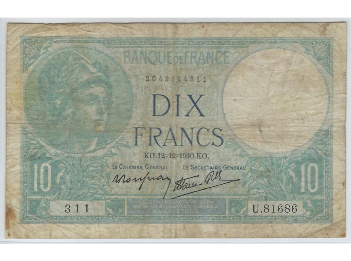 FRANCE 10 FRANCS MINERVE 12-12-1940 SERIE U.81686 TB