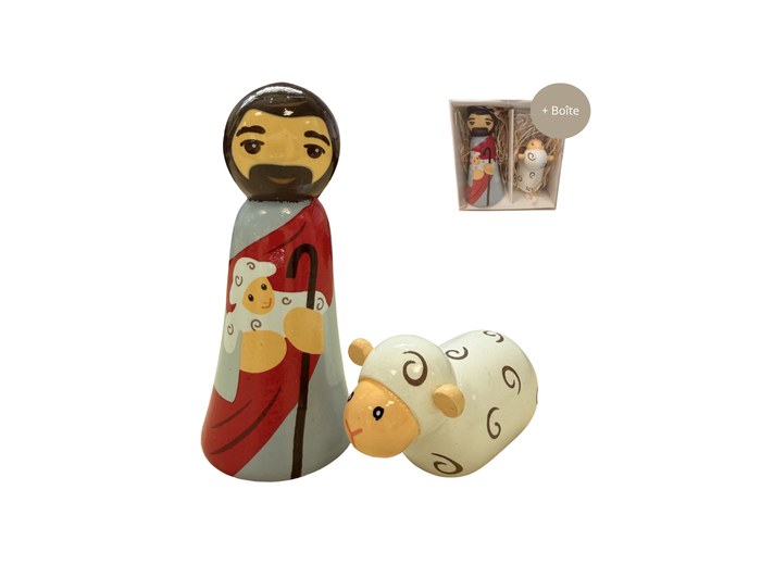 Christ Bon Pasteur et mouton en bois tourné 8.5cm + boite