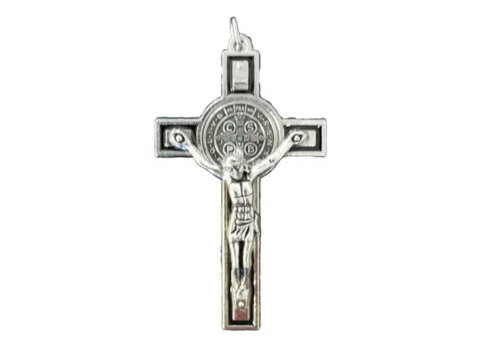 Croix St Benoît 7,3x4,2cm Émail ARGENTÉ résine noire + BOITE