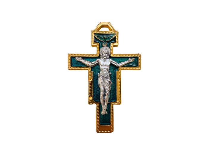 Croix de Saint Damien en Métal Doré avec Résine 8,2cm Vert