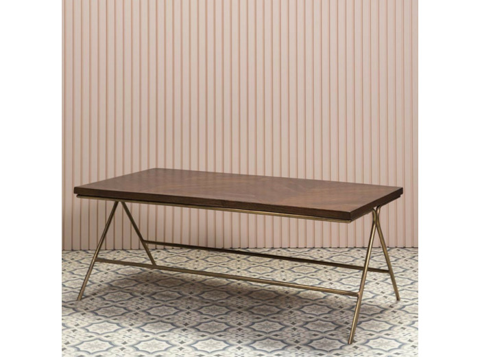 Table basse bois massif et laiton 120x46x60cm