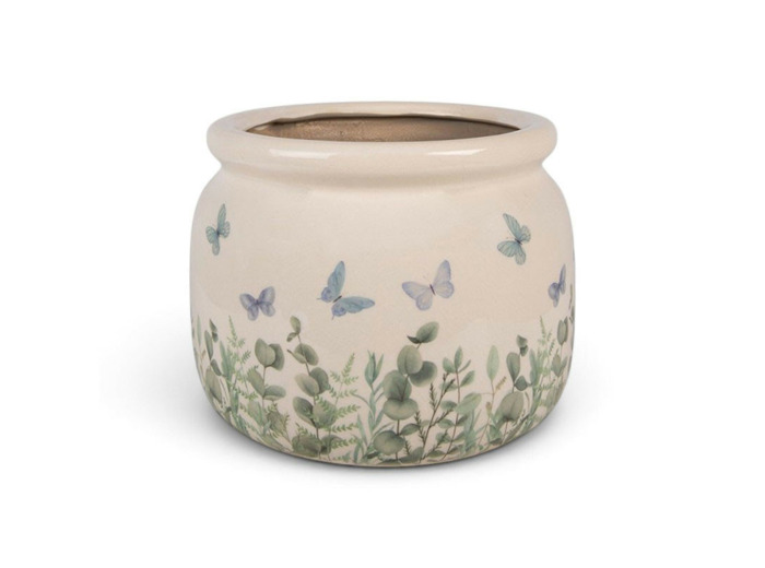 Pot de fleurs rond beige céramique papillons 20x15cm