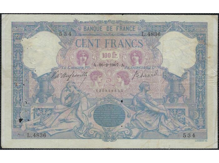 FRANCE 100 FRANCS BLEU ET ROSE 26-2-1907 L.4836 TB+