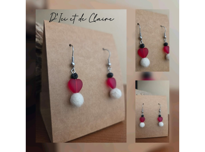 Boucles d'oreilles cœur rouge en verre, pierre de lave et cachemire de Touraine