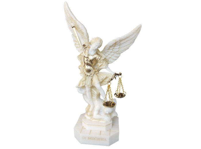 St Michel avec Balance - Statue en Albaster 20cm -Beige et Or