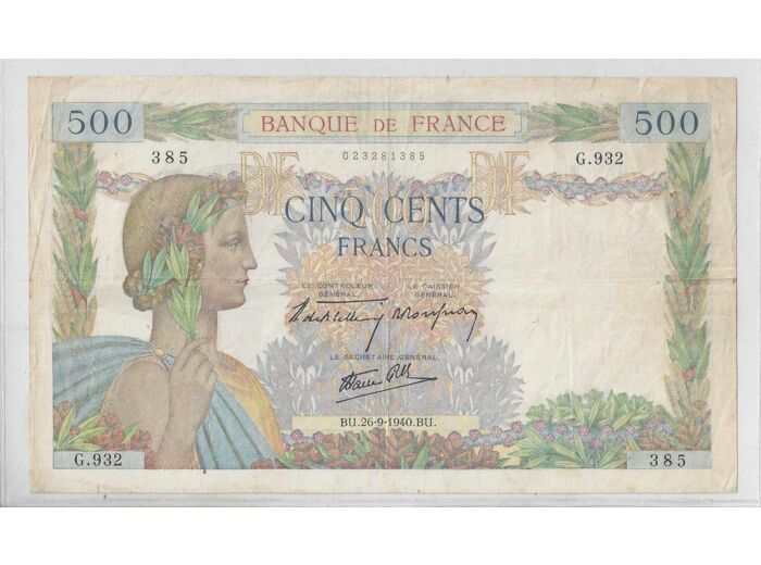 FRANCE 500 FRANCS LA PAIX 26-9-1940 G.932 TTB