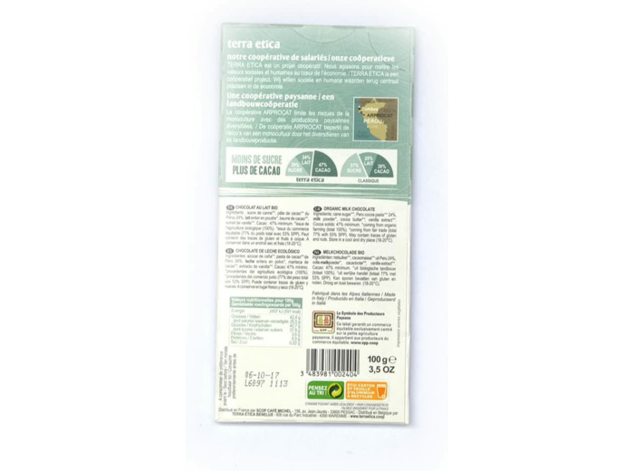 Chocolat lait Perou 47% 100g Terra Etica