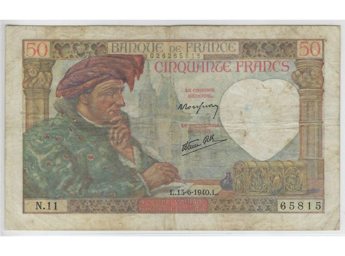 FRANCE 50 FRANCS JACQUES COEUR 13-6-1940 SERIE N.11 TB+