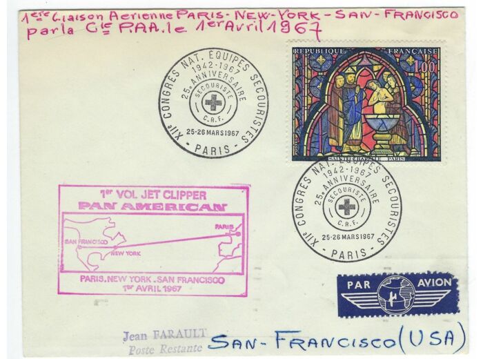 1er VOL JET CLIPPER PAN AMERICAN PARIS NEW YORK SAN FRANCISCO 1er AVRIL 1967