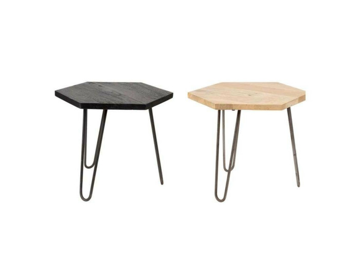 Ensemble 2 Tables d'Appoint Hexagonales en Bois de Manguier et Métal 55x55x45cm