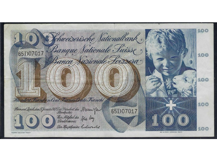 SUISSE 100 FRANCS FRANKEN 15-01-1969 SERIE 65D TTB fente