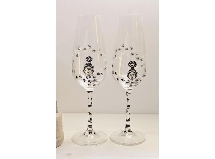 Duo de flutes à champagne en cristal peintes à la main et personnalisables sur le thème des chats, pièces originales et uniques
