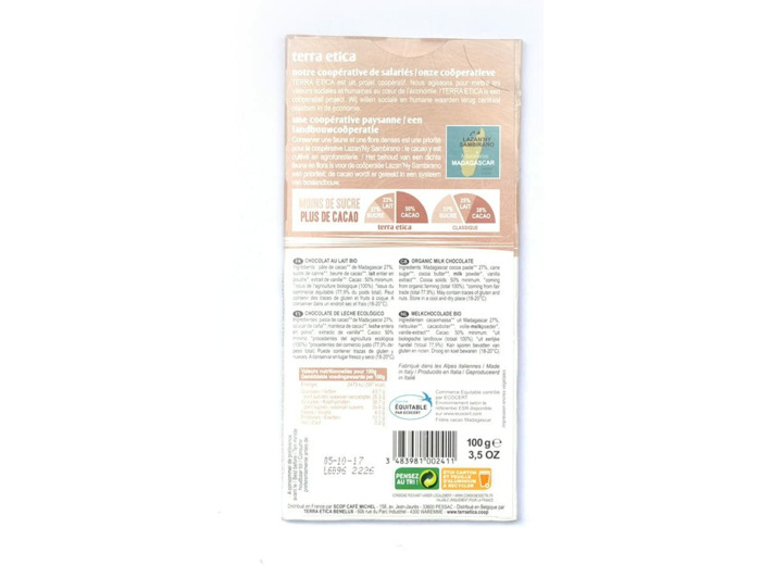 Chocolat lait Madagascar 50% 100g Terra Etica