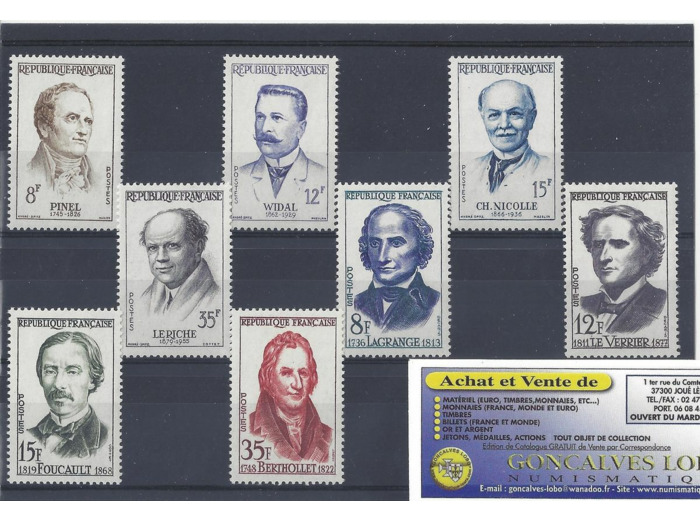 YVERT 1142 a 1149 GRANDS MEDECINS et GRANDS SAVANTS 1958 Serie 8 Timbres NEUF