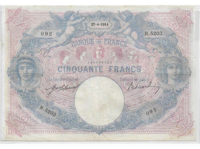 FRANCE 50 FRANCS BLEU ET ROSE SERIE R.5203 27-4-1914 TB+