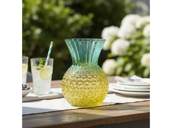 Vase Ananas Victoria en Verre Turquoise et Jaune 20x27cm