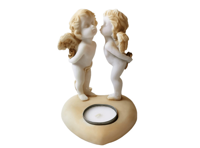 Statue en albâtre 15cm - COUPLE D'ANGES SUR COEUR Couleur
