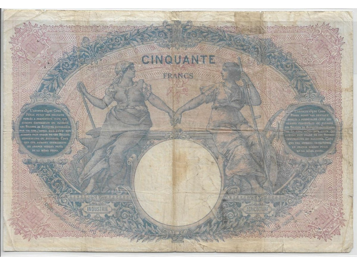 FRANCE 50 FRANCS BLEU ET ROSE SERIE Y.2874  8-2-1906 TB