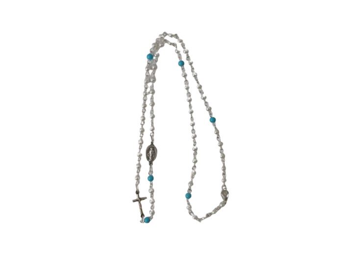 Collier Perles 4mm Croix + Médaille MIRACULEUSE - BLANC