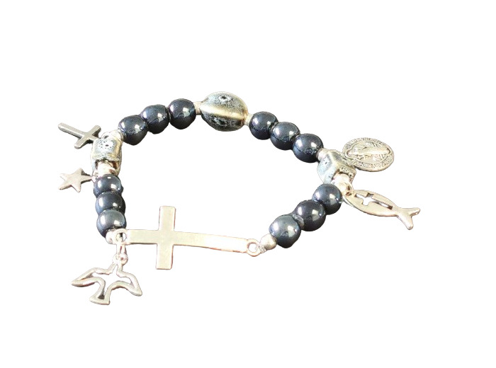 Bracelet élastique 8mm Céramique- Avec médaille 15mm Saint Benoît