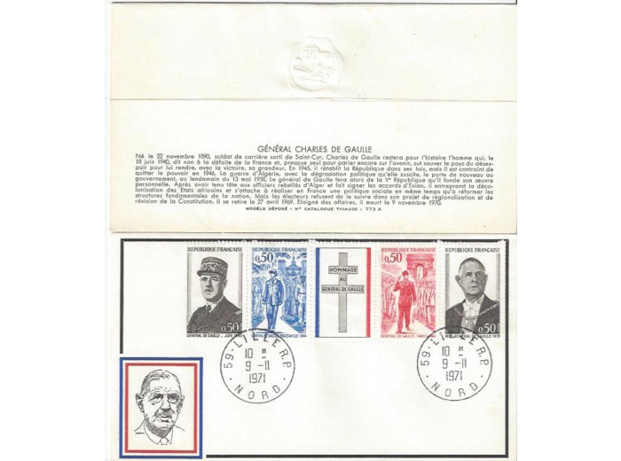 FRANCE PREMIER JOUR du 09/11/1971 CHARLES DE GAULLE Yvert N°1698A LILLE