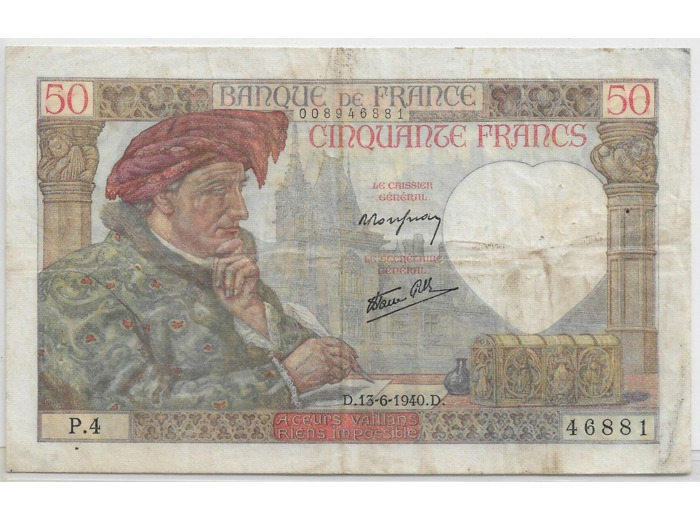 FRANCE 50 FRANCS JACQUES COEUR SERIE P.4 13-6-1940 TTB